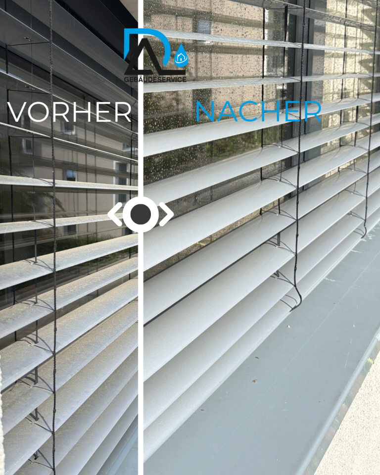 Professionelle-Jalousienreinigung-Raffstore-Egenhausen-Vorher-Nachher Vorher-Nachher-Vergleich einer professionellen Jalousienreinigung und Raffstore-Reinigung an einem Fenster in Egenhausen.